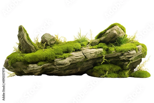 Fototapeta Enchanted Moss Rock Oasis on White or PNG Transparent Background.