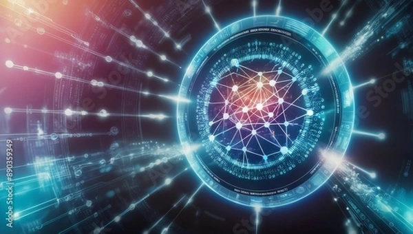 Fototapeta High-tech illustration of a digital network with bright nodes and dynamic connections, symbolizing data flow and advanced technology.