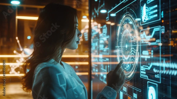 Obraz Woman interacting with virtual holographic interface in futuristic technology environment