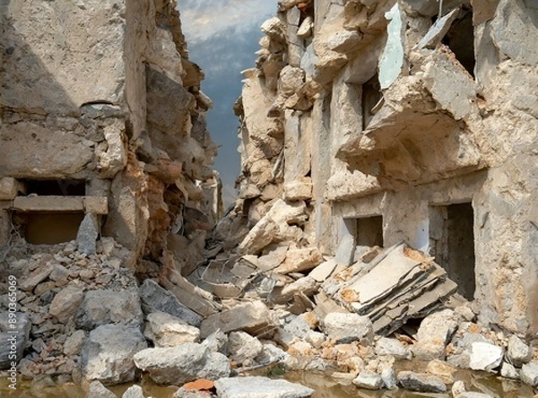 Fototapeta Bombed and ruined city. Consequences of terrorism and war. 