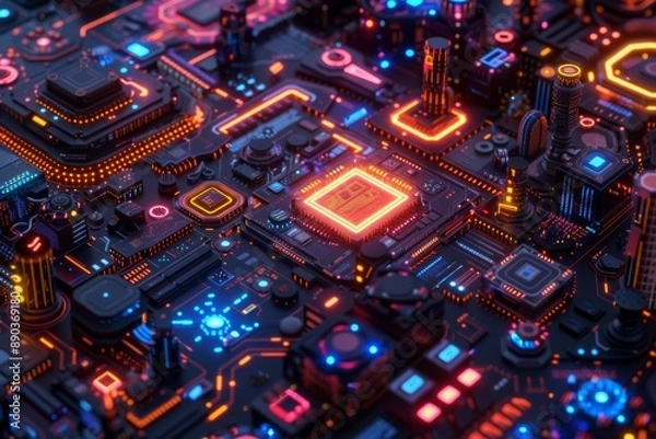 Fototapeta Close up of a complex circuit board with glowing components illustrating advanced technology and innovation