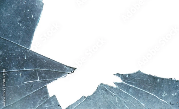 Obraz Broken glass on white background. Shattered glass shards, broken window, isolated on white background, sharp, broken, cracks on glass. Broken glass texture, isolated cracks on white background.