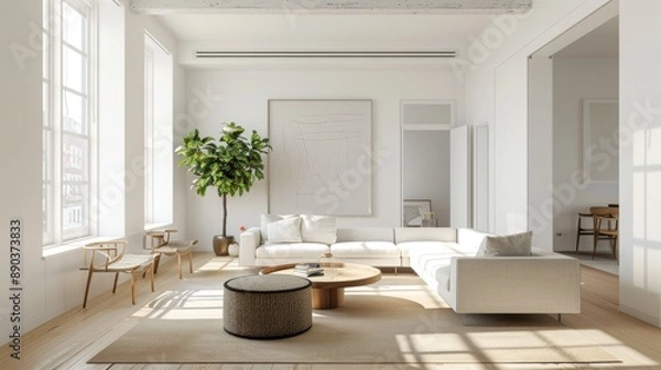 Fototapeta A bright living room with clean lines, white walls, and minimal furniture, highlighting simplicity and elegance