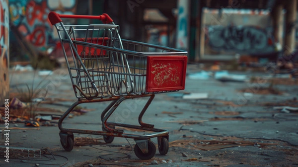 Fototapeta Trade crisis and inflation concept with abandoned empty shopping cart on street