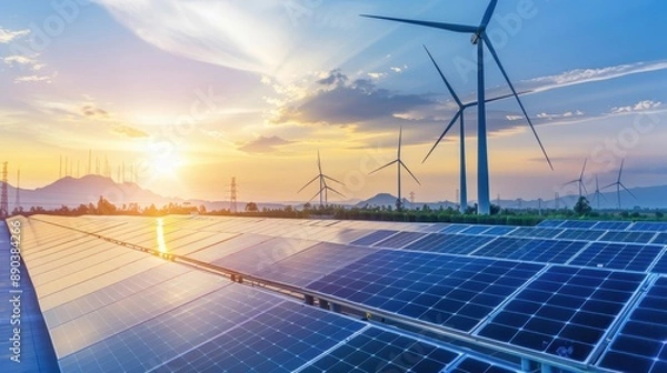 Fototapeta High-tech electrical manufacturing facility producing advanced solar panels and wind turbines