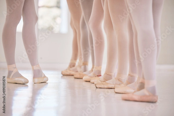 Fototapeta Feet, ballet and dance class with studio teacher and student group for performance and training. Ballerina, teaching and legs with routine learning and practice with toe shoes of dancer in line