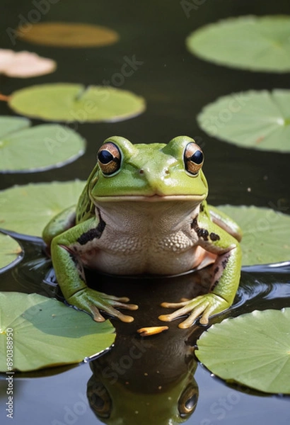 Fototapeta  A playful frog swimming in a pond. 