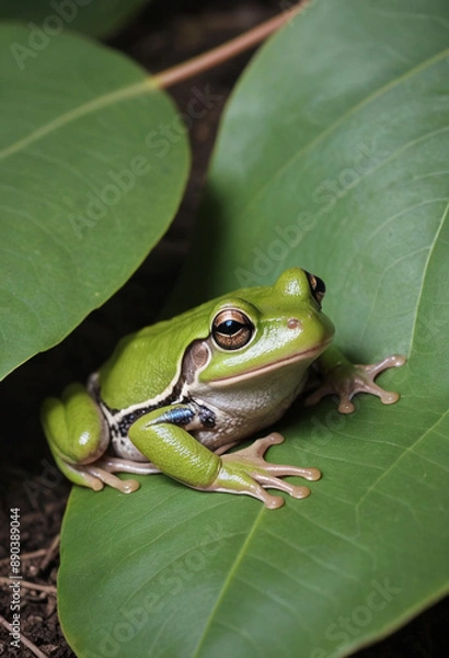 Fototapeta  A sleepy frog napping under a leaf. 