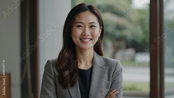 Obraz Beautiful Asian woman of middle age or young age posing for beauty portrait. Pretty mature adult lady model from Asia looking at camera smiling on background advertising with copy space