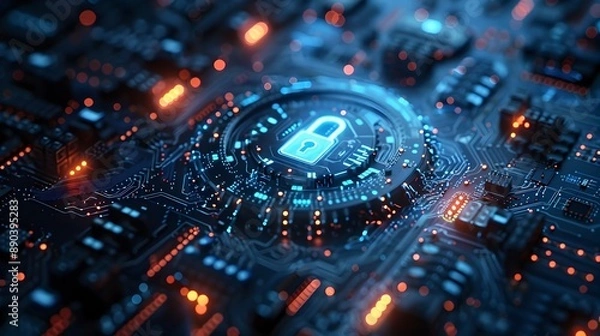 Fototapeta Cybersecurity Shield with Digital Lock and Matrix Background Secure and Futuristic Cyber Concept