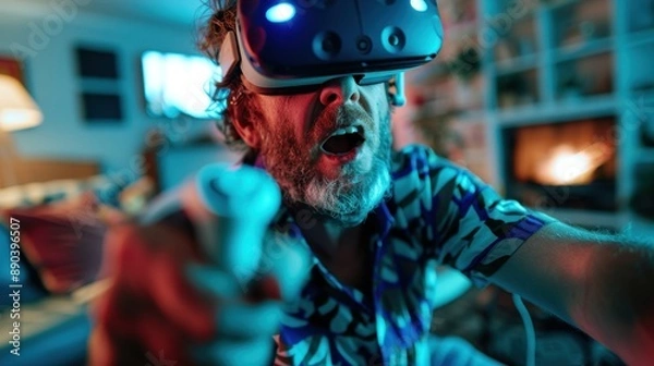 Fototapeta A person in a vibrant room interacts with a virtual reality headset and a gaming controller, creating an immersive gaming experience in a comfortable chair.