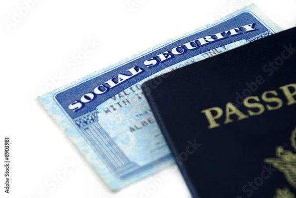 Fototapeta stock pictures of a social security card and a passport