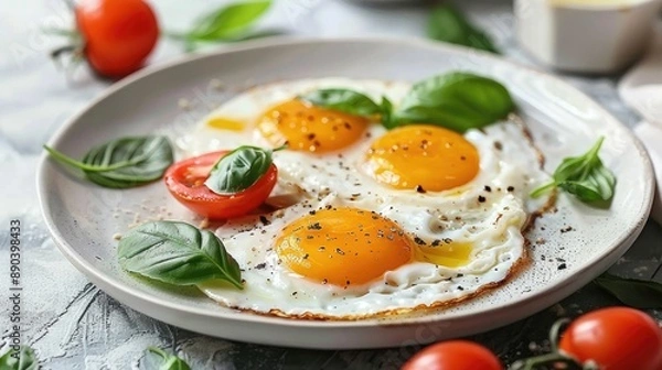 Fototapeta Healthy breakfast with fried eggs for proper nutrition
