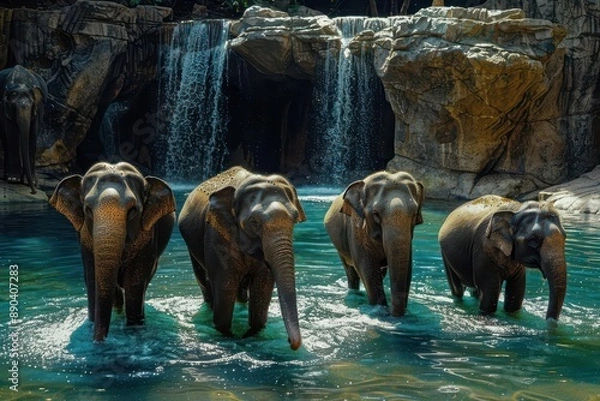 Fototapeta Elephants at Watering Holes Scenes of elephants drinking, bathing, or splashing water at natural watering holes, showcasing their social behavior