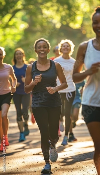 Fototapeta Urban Park Racewalking Workout Session with Diverse Group for Fitness and Health Promotion