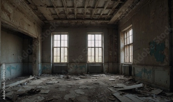 Fototapeta Spacious abandoned room with three large windows lit.