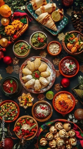 Fototapeta A vibrant and colorful array of traditional Mexican dishes and appetizers, perfect for celebrating a festive occasion or holiday gathering.