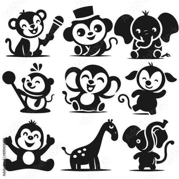 Obraz Black and white vector silhouette of a cute Monkey isolated on white background	
