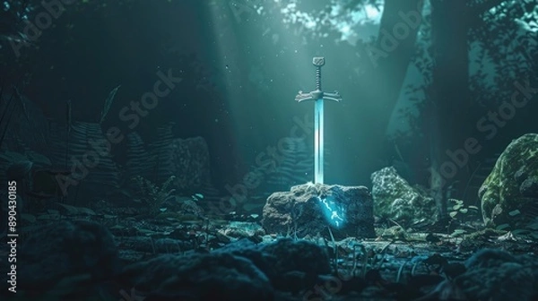 Fototapeta Excalibur sword glowing in a stone within a dark forest, mythical and magical scene