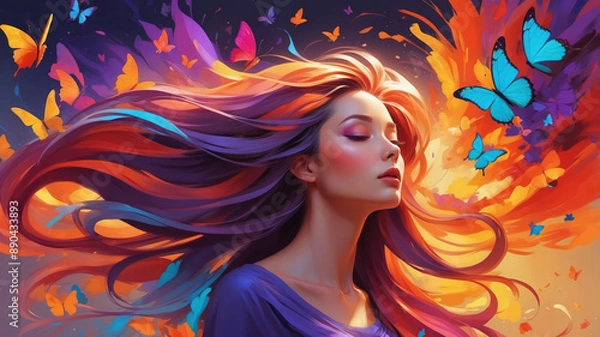Fototapeta A woman with flowing, vibrant hair is surrounded by a flurry of colorful butterflies, bathed in the warm light of a setting sun
