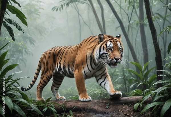 Fototapeta  A photo of a majestic tiger stalking its prey through a misty jungle. 
