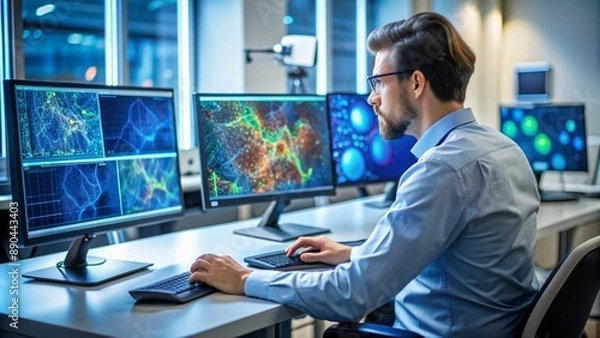 Fototapeta Человек сидит в офисе и работает за компьютером, изображение выводится на монитор