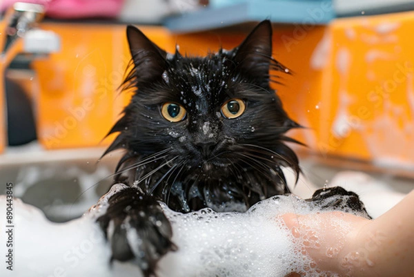 Fototapeta Funny black fluffy cat in a bath with bubbles and gentle grooming