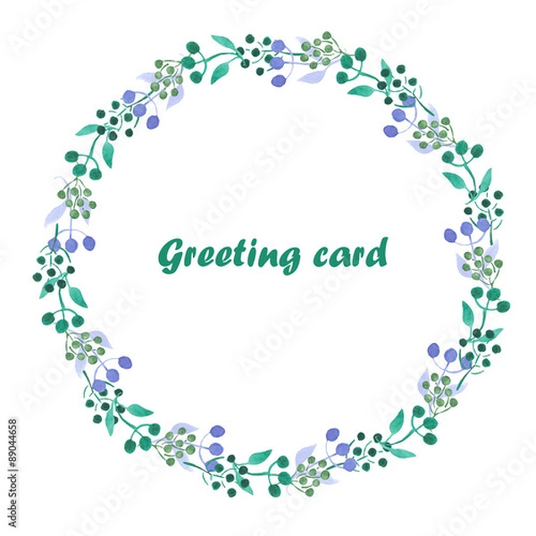 Fototapeta Circle frame, wreath of blue and green abstract berries and leaves painted in watercolor on a white background, greeting card, decoration postcard or invitation