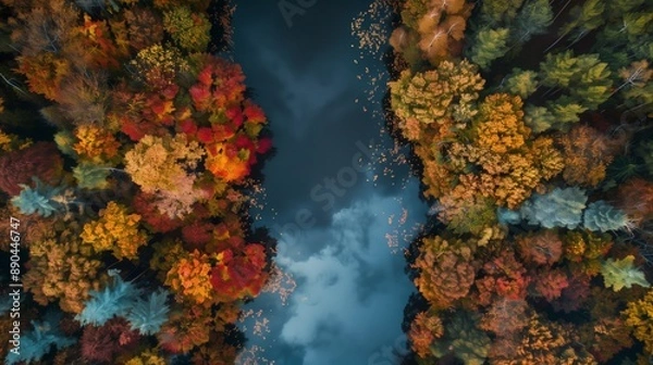 Fototapeta Drone shot of a dense forest with a river running