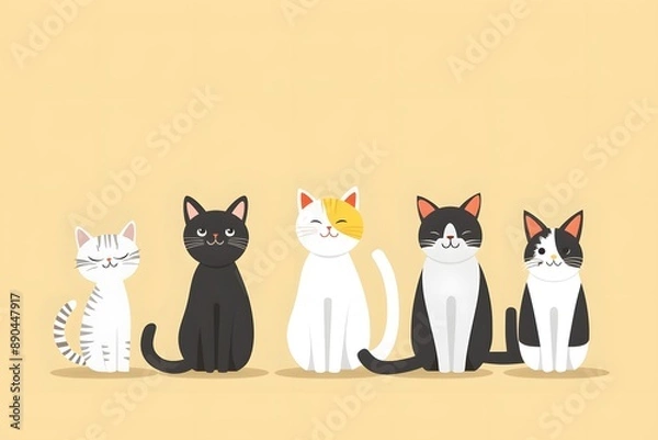 Fototapeta A group of five adorable cats sitting in a row against a beige background.
