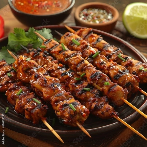 Obraz Grilled chicken satay skewers with peanut sauce served on a plate, garnished with cilantro and lime, represents traditional Thai cuisine.