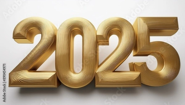 Fototapeta 2025, Neujahrsgrüße, glänzende 3D-goldene Metallzahlen auf weißem Hintergrund stehend.