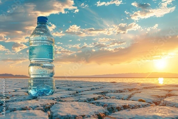 Fototapeta Sunset Beach with Floating Plastic Water Bottle