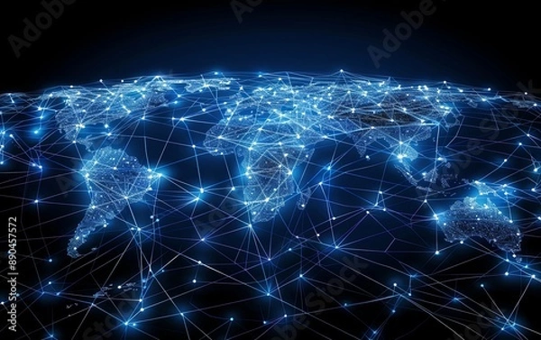 Fototapeta Abstract digital world map, concept of global network and connectivity on Earth, data transfer and cyber technology, information exchange and international telecommunication