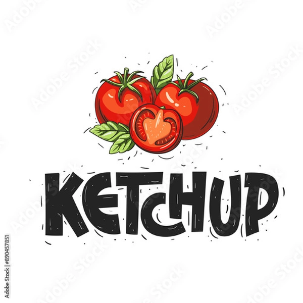Fototapeta Ketchup. Tomato sauce with realistic illustration of juicy red ripe tomatoes. Vector file