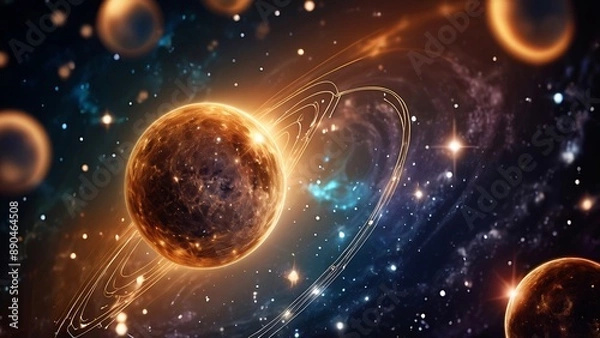 Obraz Golden planet surrounded by zodiac signs and glowing stars in a dark space. Suitable for astrology, celestial themes, and astronomy projects.