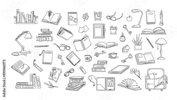 Fototapeta Objects on reading topic, black and white