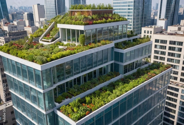 Fototapeta  A modern eco-friendly skyscraper with rooftop gardens and solar panels in a bustling metropolis. 