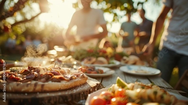 Fototapeta An inviting outdoor garden party showcases a wooden table filled with a delicious and diverse food spread, as guests in the blurred background enjoy the sunny afternoon.