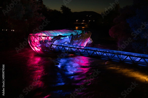 Fototapeta Murinsel Graz, restaurant and attraction in the city of Graz in Austria. Unusual restaurant on the river