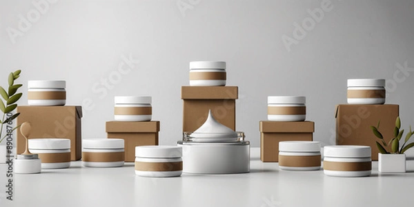 Fototapeta the elegant arrangement of cosmetic product containers and boxes, a minimalist display of skincare essentials, minimalist beauty concept