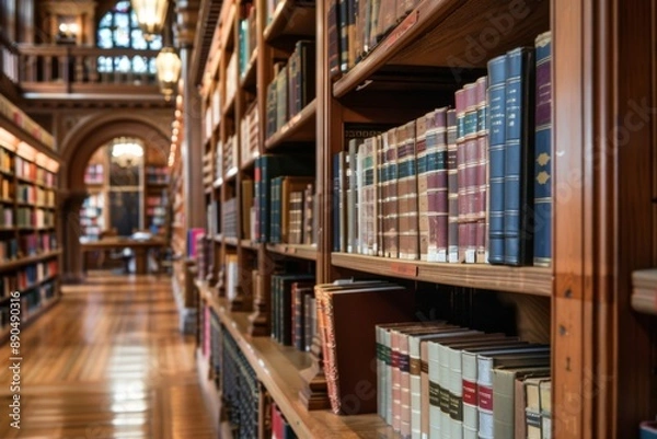 Fototapeta Bookshelves full of books in the library. Wooden shelves with huge pile of different books