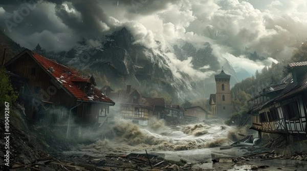 Fototapeta Realistic photo of torrential rain and landslide houses are destroyed with flood and storm clouds in the distance