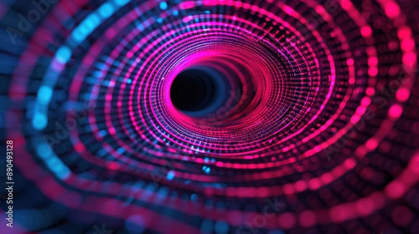 Fototapeta Mesmerizing close-up of a futuristic tunnel of light with vibrant pink and blue hues, creating a captivating abstract visual effect.