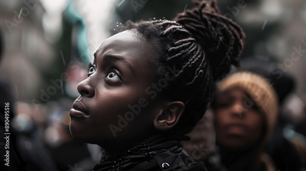 Fototapeta Beautiful black African woman is looking  up with worried expression. She is outside on the street in the middle of the protest in the rain. Black lives matter. Anti-racism. 
