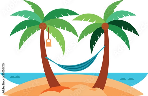 Fototapeta Illustration of a tropical island with a hammock hanging between two palm trees on the sandy beach with ocean in the background.