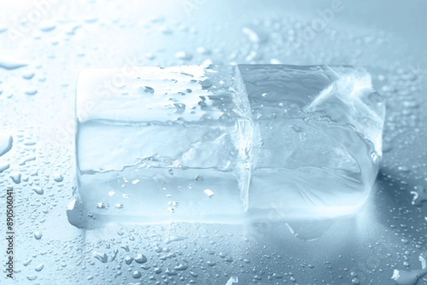 Fototapeta Piece of clear ice and water drops on light grey table