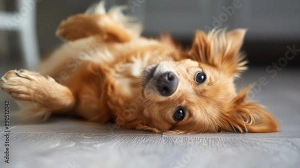 Fototapeta A golden retriever puppy lies on its back on a gray floor, looking up with big, curious eyes