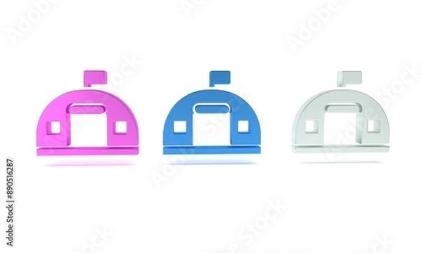 Fototapeta Colorful Military barracks station icon isolated on white background. Airstrikes architecture army. Minimalism concept. 3D render illustration