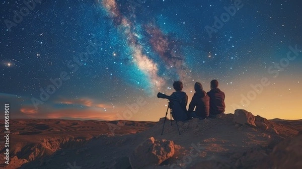 Fototapeta Three friends are silhouetted against a breathtaking night sky, filled with stars and the Milky Way, while looking at the sky through a telescope